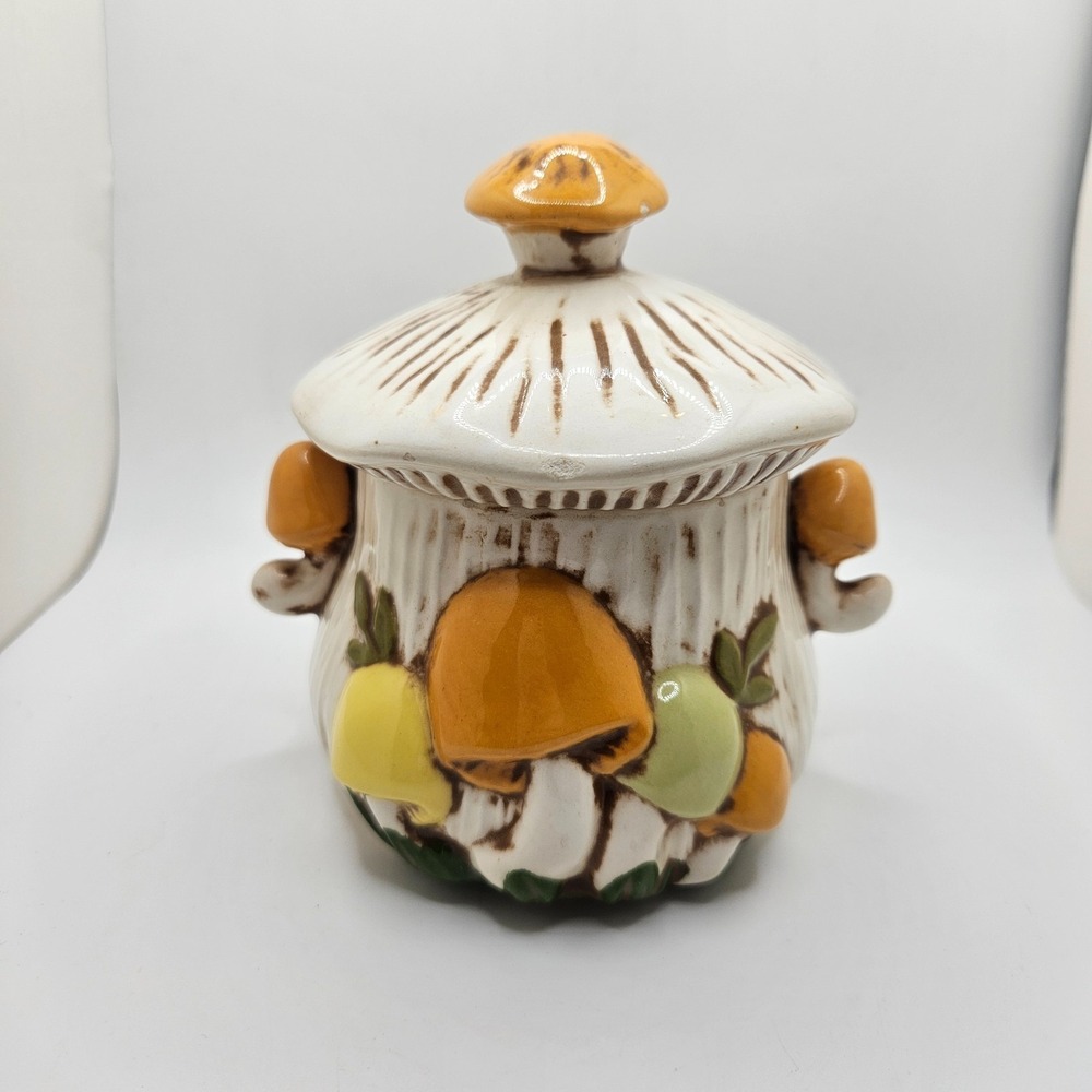 Vintage 1970's Arnel's Mushroom Jam Pot Sugar Bowl Ceramic Woodland Kitchen Jar‎